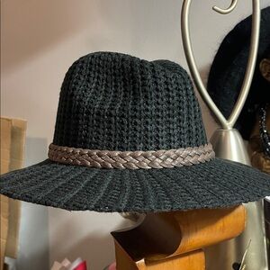 Black Brimmed Knit Hat With Brown Braided Band